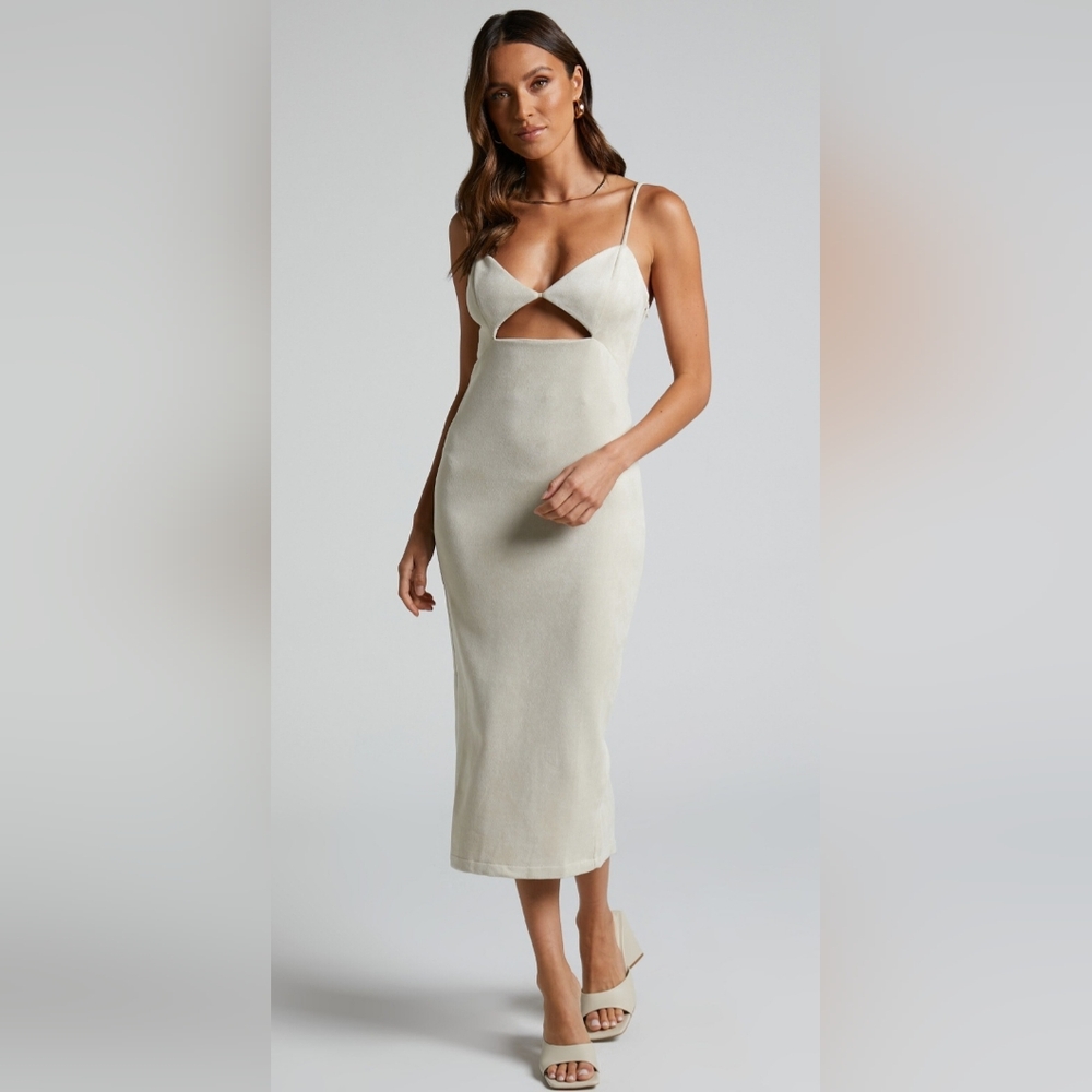 Showpo Suede Spaghetti Strap Cut Out Zip Midi Dress - Picture 8 of 13